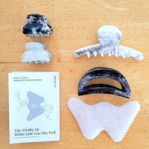 White Jade Gua Sha Tool & Instruction Pamplet by Mount Lai & "marble" hair clips